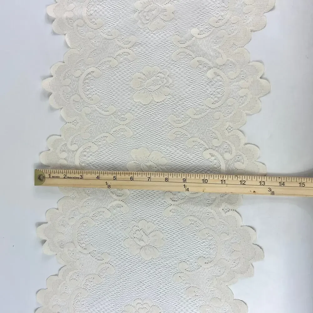 Vintage Ivory Lace Floral Table Runner 34x11 Scalloped Edges Doily Style Decor